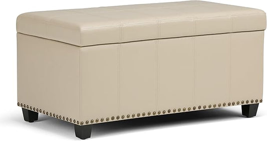 SIMPLIHOME Amelia 33 inch Wide Transitional Rectangle Storage Ottoman Bench in Satin Cream Vegan Faux Leather, Assembled, For the Living Room, Entryway and Family Room