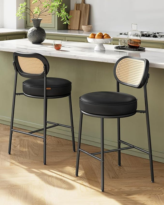 VASAGLE Bar Stools Set of 2, Bar Height Stools with Rattan Back and Metal Legs, 25.1-Inch Tall Counter Chairs, Modern Leather Upholstered Barstools for Kitchen Island Dining Room, Ink Black
