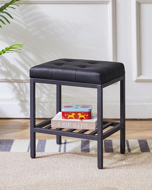 IBUYKE Rectangular Makeup Stool with Adjustable Feet and Storage Space, Footrest Chair, PU Vanity Seat, Multi-Use as Small Side Table or Ottoman, for Bedroom, Black WBD017B