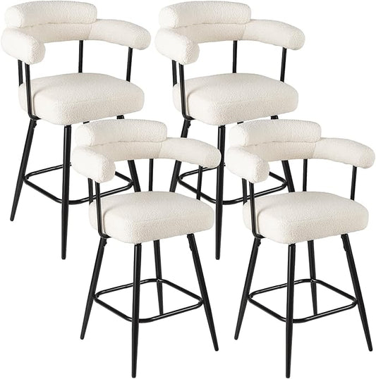 COSTWAY Counter Height Bar Stools Set of 4, 27" Swivel Modern Upholstered Counter Chairs with Boucle Fabric, Curved Backrests & Metal Legs, for Kitchen Island, Home, Pub (4, White + Black)