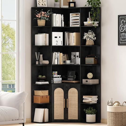 74" Tall Corner Bookshelf with 2 Arched Rattan Doors, 6-Tire L Shaped Bookcase with 16 Open Storage Shelves, Boho Large Corner Shelf with Cabinet for Living Room, Home Office