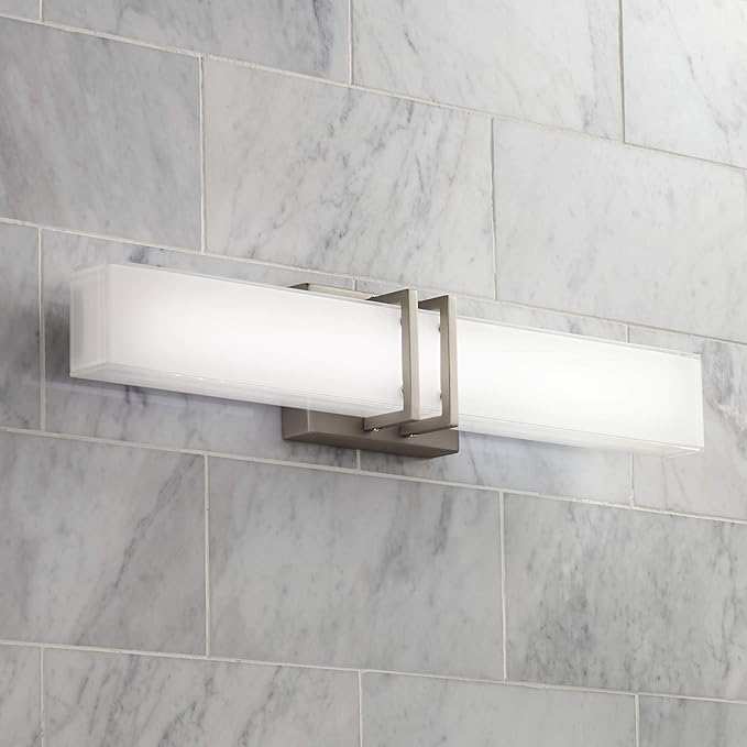 Possini Euro Design Exeter Modern Wall Mount Light LED Brushed Nickel Silver Metal 24" Wide Vanity Bar Fixture Rectangular Silk Screened Glass Shade Decor for Bathroom Over Mirror House Home