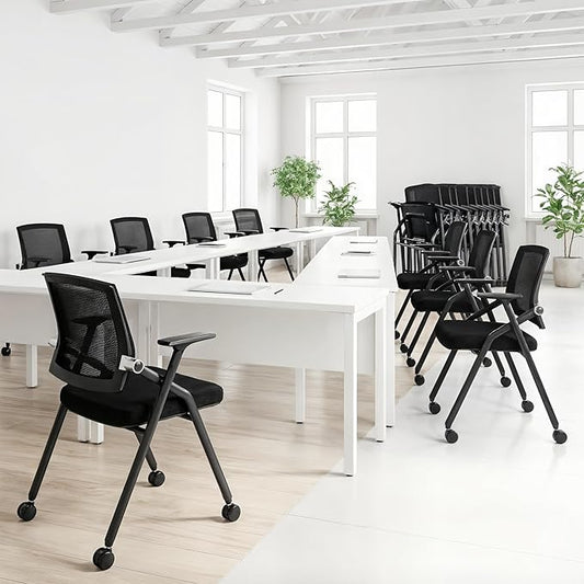 8 Pack Stackable Conference Room Chairs with Paddle Folding Office Chair Foldable Desk Chair Mesh Back and Arms for Conference Meeting Guest Reception Home Office Training Room Chair Black