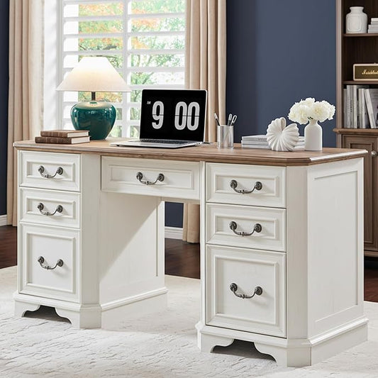 RedLemon 60" Executive Desk with Drawers,Wood Home Office Desk, Featuring Keyboard Tray,Charging Station,File Drawer, Storage Cabinet,for Work and Study (Antique White)