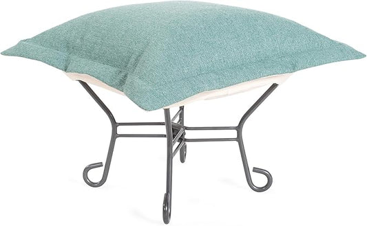 Howard Elliott Scroll Puff Ottoman Chair With Cover, Multipurpose Alternate Seating Footstool Footrest Chair with Titanium Frame, Patio Furniture for Camping, Home, Indoor & Outdoor, Sterling Breeze