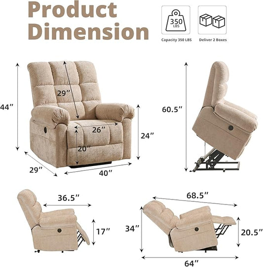 Oversized Power Lift Recliner Chair for Elderly, Electric Lift Chair with Masssage and Heat, Overstuffed Power Recliner for Adults, 3 Positions,USB Ports, Side Pockets,Beige