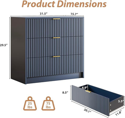 3-Piece Dresser Bedroom Set, 8 Drawer Dresser & 3 Drawer Nightstands with Gold Handles, Fluted Wood Chest of Drawers for Bedroom, Living Room, Entryway, Navy Blue
