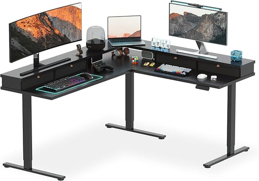 SANODESK 71" L Shaped Standing Desk with 4 Drawers, Height Adjustable Stand up Desk, Corner Gaming Desk with Monitor Stand, Black Frame/Black Top