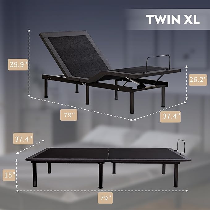 Twin XL Adjustable Bed Base Frame with Wireless Remote + 10 Inch Twin XL Gel Memory Foam Mattress Bed in a Box, Head and Foot Incline, Zero Gravity, Fiberglass Free, 80" × 38"