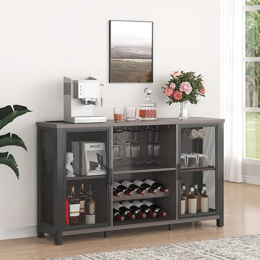 VEVOR 55 Inch Industrial Bar Cabinet, Wine Table for Liquor and Glasses, Sideboard Buffet Cabinet with Wine Rack, Freestanding Farmhouse Wood Coffee Bar Cabinet for Living Room, Home Bar, and Kitchen