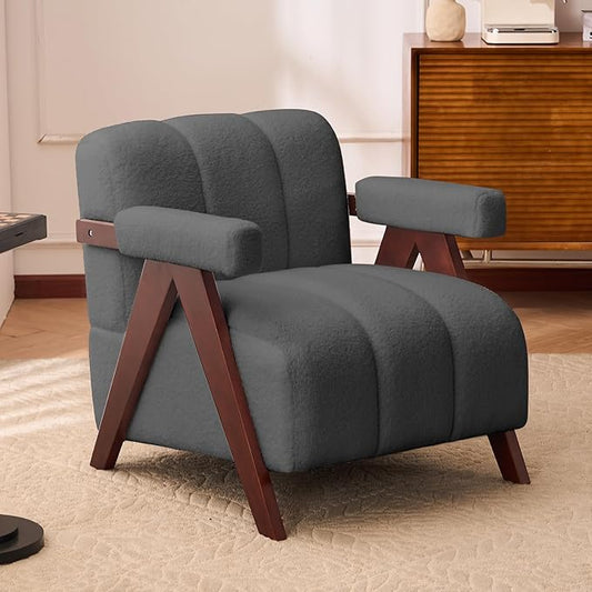 Accent Chair Mid-Century Modern with Wide Backrest for Bedroom, Upholstered Living Room Chair with Wooden, Lounge Armchair with Thick Cushion, Cute Teddy Comfy Chair, Dark Grey
