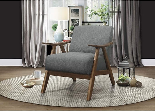 Lexicon Mid Century Modern Accent Chair with Solid Wood Frame in Walnut Finish, Upholstered Living Room Lounge Arm Chair, Thick and Comfy Innerspring Seat Cushion, Linen-Look Fabric, Gray