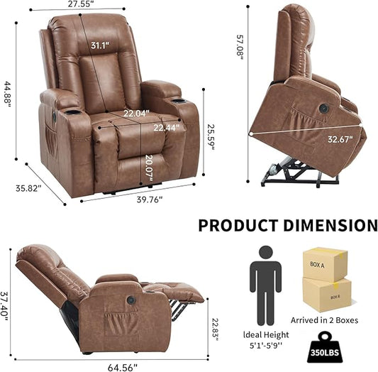 PELUMY Manual Lift Recliner Chair for Elderly with Massage & Heat, Oversized Heavy Duty 350 lbs Recliner with Cup Holders & USB Ports, Infinite Positioning Lift Chair (Breathable Leather, Brown)