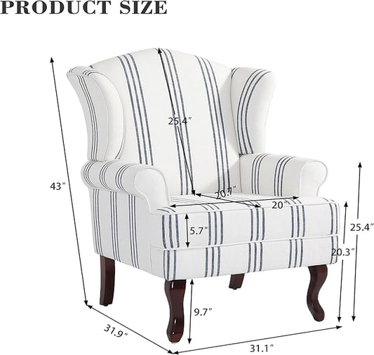 Pia Ricco Set of 2 Stripe High Back Accent Chairs: Upholstered Fabric Armchairs with Solid Wood Legs - Retro Living Room Pair, Comfy Reading Sofa Seats-Navy