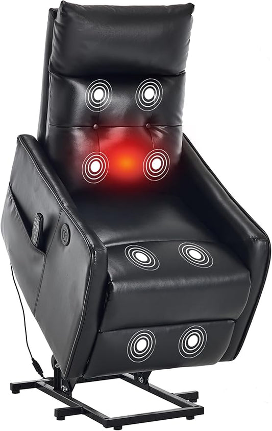 PELUMY Manual Lift Recliner Chair with Massage and Heat for Elderly, Single Motor Electric Lift Chair, Heavy Duty Recliner with USB Charging & Side Pockets (Breathable Leather, Black)