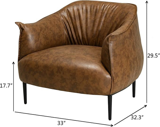 KINWELL 33" W Faux Leather Barrel Chairs Set of 2 with Hand-Tufted Pleated Back Flared Arms, Modern PU Upholstered Accent Chairs with Metal Legs, Large Armchairs Lounge Chairs for Living Room, Coffee