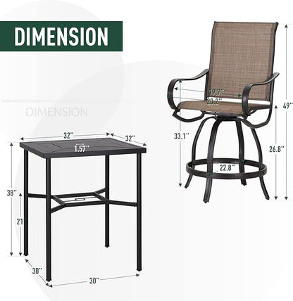 PHI VILLA 3PCS Patio Bar Set, Metal Bar Height Table and 2 Counter Height Swivel Chairs with Textilene Fabric and Thickened Black Metal Frame,High Patio Furniture for Garden,Yard