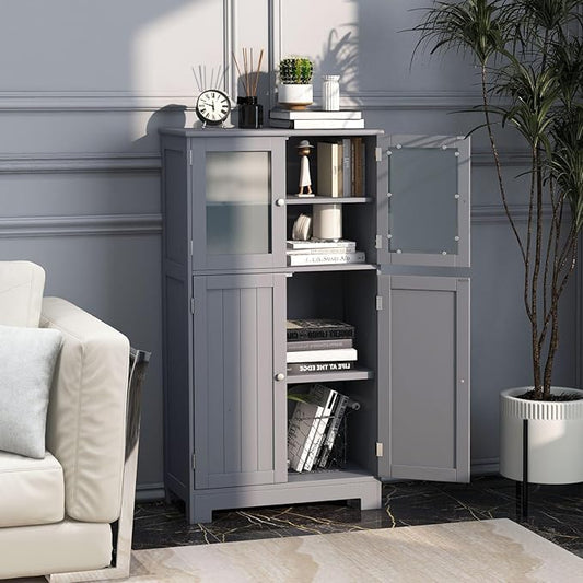 COSTWAY Bathroom Storage Cabinet, Wooden Linen Storage Organizer Cupboard with Doors & Adjustable Shelf, Freestanding Floor Cabinet for Living Room, Kitchen, Entryway, Office (Grey)