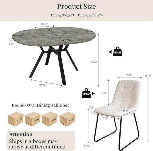 Extendable Round Dining Table Set for 6 People, 43.3"-59.1" Extendable Kitchen Table with 6 Upholstered Chairs, Space Saving for Kitchen Dining Room (Grey Table+6 U-Shaped White Chairs)