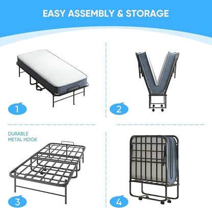 Mjkone Folding Bed with Mattress, 5 Inch Rollaway Bed for Adults, Fold Up Beds with Lockable Wheels, Sturdy Metal Fold Away Frame for Bedroom/Guest, Space Saving（75" x 38"）