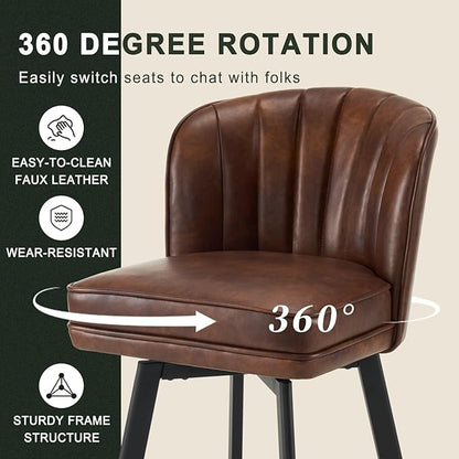 Swivel Counter Height Bar Stools Set of 3, 30'' Modern Barstools with Backs and Metal Legs, Upholstered Bar Chairs, Faux Leather Brown Stools for Kitchen Island Chairs