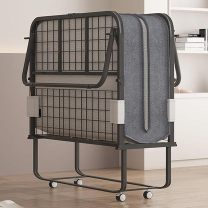 Mjkone Folding Bed with Mattress for Adults, Rollaway Bed with 4 Inch Memory Foam, Space Saving Portable Bed with Lockable Wheel, Sturdy Fold Up Frame and Memory Foam for Bedroom/Guest (75" x 46")