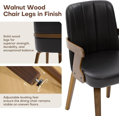 Kitchen Dining Chairs Set of 4, Faux Leather Upholstered Dining Room Chairs with Wood Arms and Legs, Mid Century Modern Kitchen Side Chair for Living, Bedroom, Restaurant, Walnut/Black
