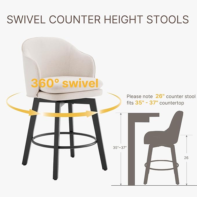 Counter Height Barstools 26 inch Upholstered Swivel Bar Stools with Back and Wood Legs for Kitchen Island,Set of 2,Beige Fabric