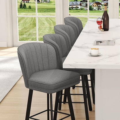 Swivel Counter Height Bar Stools Set of 3, 26'' Modern Barstools with Backs and Metal Legs, Upholstered Bar Chairs,Mid-Gray,Fabric Stools for Kitchen Island Chairs