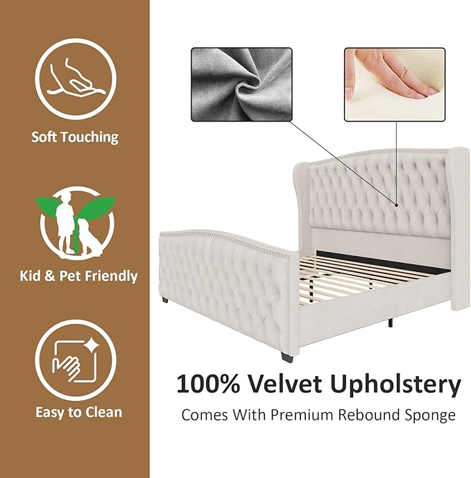 AMERLIFE California King Size Platform Bed Frame, Velvet Upholstered Bed with Deep Button Tufted & Nailhead Trim Wingback Headboard/No Box Spring Needed, Cream