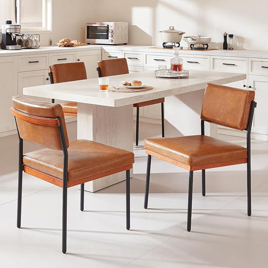 Modern Dining Chairs Set of 4, Kitchen Chairs with Thick Cushions and Adjustable Foot Pads, Upholstered Faux Leather Dining Room Chairs with Sturdy Metal Legs,Brown