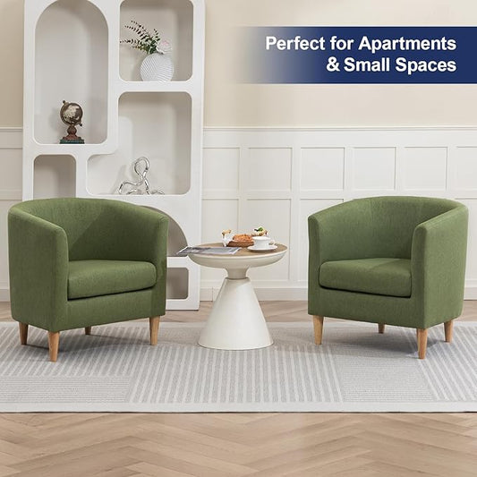Accent Barrel Chairs Set of 2, Modern Comfy Living Room Chairs with Armrest Small Reading Chair with Cozy Soft Padded for Bedroom Reception Room Cafe, Green