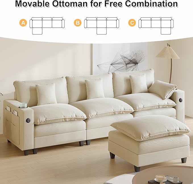 Cloud Couch, Modular Sectional Sofa with Ottoman, Charging Station, Throw Pillows, Cup Holders, Modern Convertible L Shaped Couches for Living Room, Bedroom (White, 116"- L Shape)