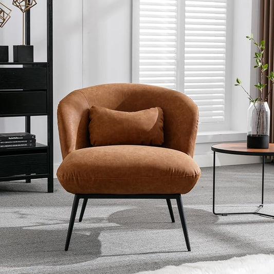 HEAH-YO Modern Accent Chairs Set of 2, Living Room Chairs with Barrel Backrests, Upholstered PU Faux Leather Armless Chairs for Bedroom, Brown