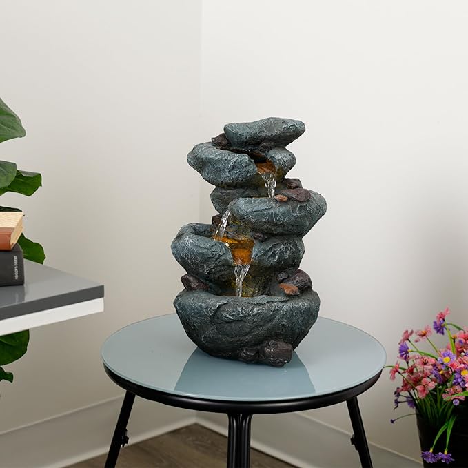 Alpine Corporation TZL418 14" 3 Tier Rock Fountain with LED Lights, Elegant Cascading Water Feature for Tabletop, Indoor Decor, Relaxing Stone Waterfall for Home & Office, Gray