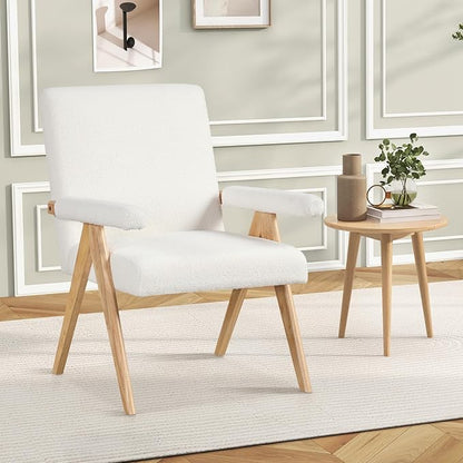 Giantex Mid-Century Modern Accent Chair, Sherpa Fabric Reading Chair with Padded Armrests, Solid Rubber Wood Frame, Upholstered Side Arm Chair for Living Room, Bedroom, Office, Beige