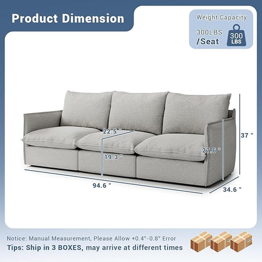 94.6" Cloud Modular Sectional Sofa, Waterproof Down Filled Sectional Sofas, High Backrest 3 Seater Sectional Couches for Living Room, Modern Modular Couch with Removable Cover, Light Gray