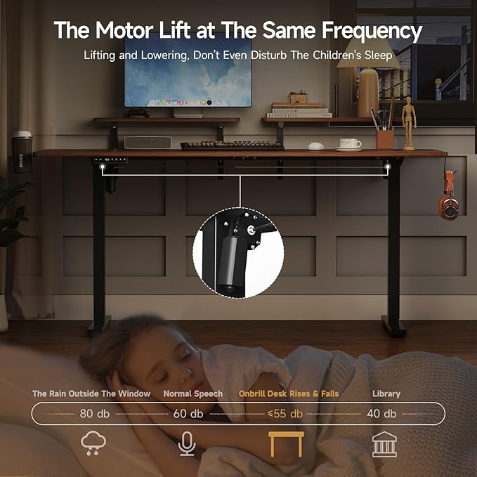 ONBRILL Standing Desk with 2 Adjustable Monitor Shelves, 55 x 24 Inches Electric Stand Up Desk with Memory Controller and Adjustable Height from 28-46 inches for Computer Workstations, Walnut