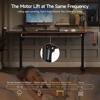ONBRILL Standing Desk with 2 Adjustable Monitor Shelves, 55 x 24 Inches Electric Stand Up Desk with Memory Controller and Adjustable Height from 28-46 inches for Computer Workstations, Walnut