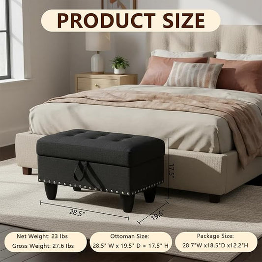 Linen Fabric Storage Ottoman with Nailhead Trim, 28.5"X19.5"X17.5" Footrest Stool, Hidden Storage Foot Stool for Living Room, Bedroom Furniture, Dark Grey