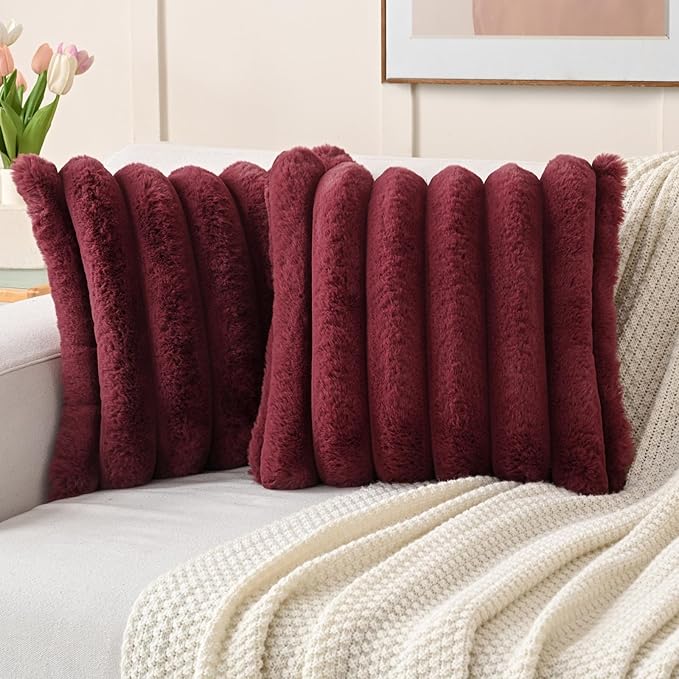 FUTEI Christmas Burgundy Decorative Throw Pillow Covers 20x20 Inch Set of 2, Square Soft Faux Rabbit Fur Thick Striped Cushion Cover,Winter Home Decor for Couch Bed Living Room