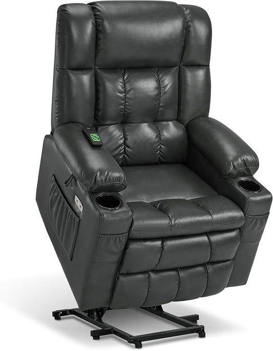 MCombo Dual Motor Power Lift Recliner Chair for Elderly, Lay Flat Lift Chair with Heat and Massage, Cup Holders, USB Ports, Faux Leather 7890 (Grey, Medium)