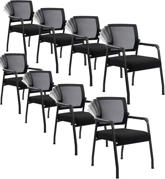 8PK Office Guest Chairs No Wheels | Ergonomic Lumbar Support and Thicked Seats Cushion, Desk Chair with Adjustable Mesh Back for Waiting Room School Church Reception，Black