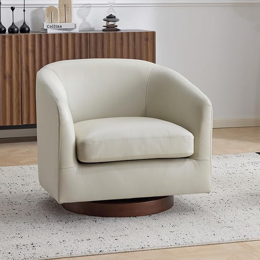 AEDI Genuine Leather Swivel Accent Chair with Solid Wood Base, Upholstered Barrel Armchair for Living Room, Modern Small Club Chair,Light Gray