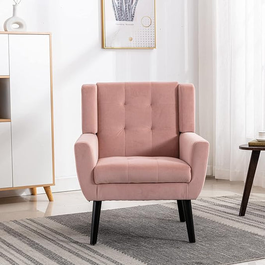 Dolonm Midcentury Modern Velvet Accent Chair with Arms, Upholstered Reading Side Chair Tufted Back Decorative Wingback Chair for Living Room Bedroom (Pink)