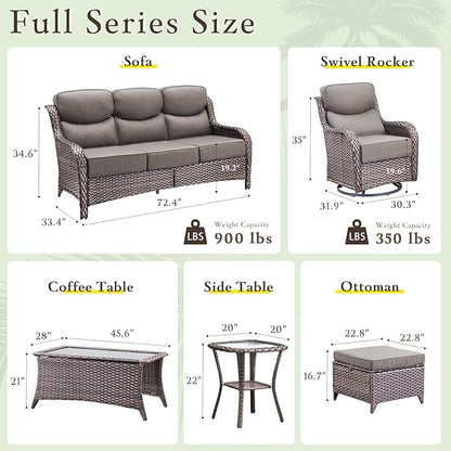 Luxury High Back Outdoor Furniture with 6-inch Extra Thick Cushions, Patio Furniture Set with Swivel Chairs, 5 PCS Wicker Conversation Set for Yard, Deck, Poolside, Brown/Grey