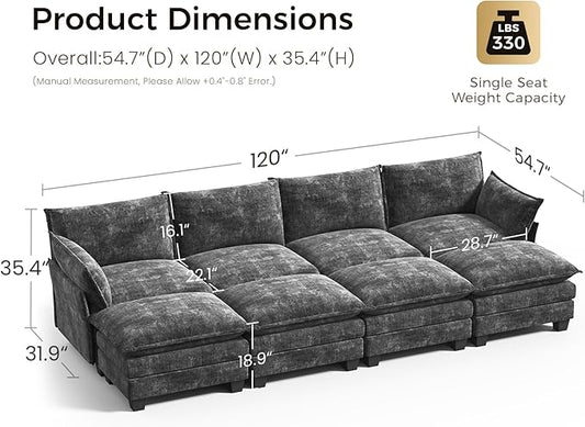 KKL 120" Huge Modular Sectional Sofa Bed, 8 Seater Convertible J/L/U-Shaped Sleeper Cloud Couch with Ottoman, Chenille Sectional Couches for Living Room, Apartment, Grey