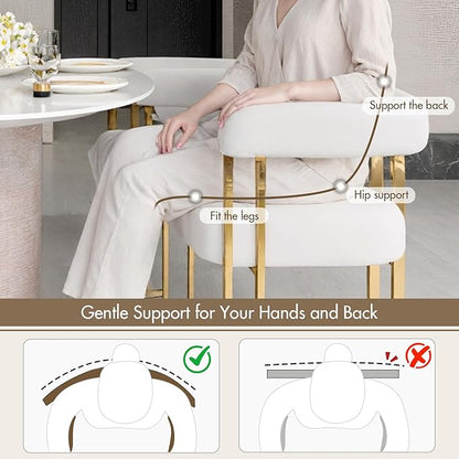 Beige and Gold Modern Dining Chairs Set of 6, Velvet Upholstered Barrel Armchairs with Metal Legs for Kitchen Island, Mid Century Accent Chairs for Dining Room Living Room, Open-Back