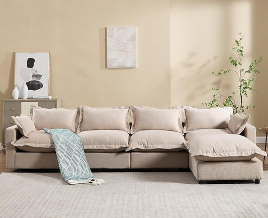 chairus 126" Modular Sectional Sofa with Moveable Ottoman Upholstered Deep Seat Linen Couch Set with Soft Pillows L-Shape Sofa Couch for Living Room, Apartment, Reception Room, 4-Seater/Oatmeal