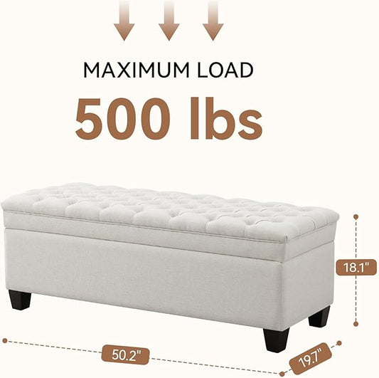 50" Storage Ottoman Bench, Rectangular End of Bed Storage Bench, Upholstered Large Fabric Tufted Ottoman with Storage for Living Room, Bedroom, Entryway,Wihte